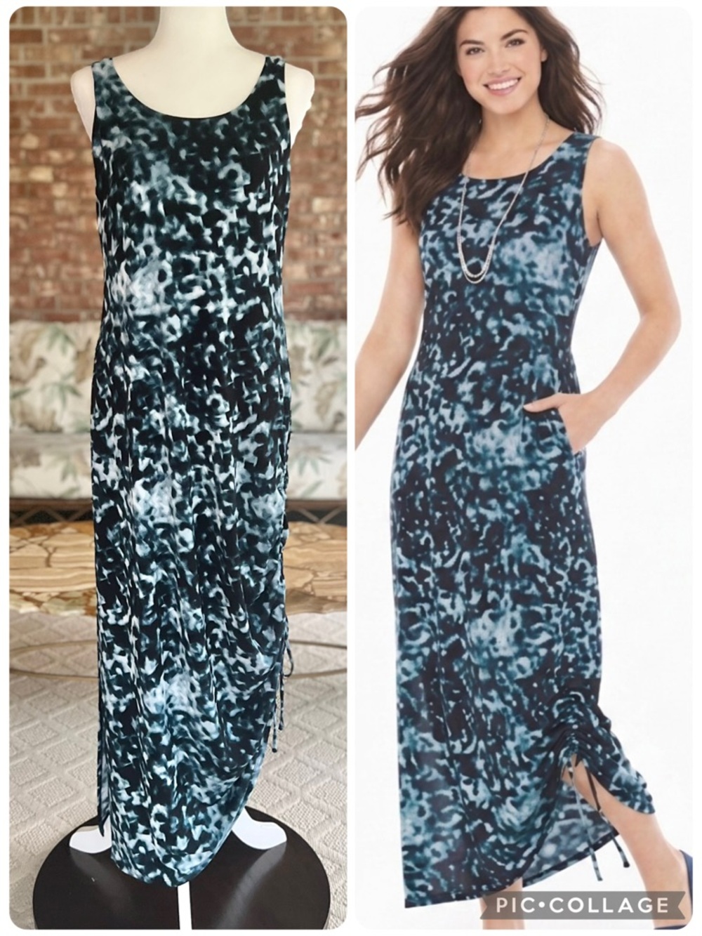 Soma Black Harbour Blue Maxi Dress Drawstring Hem Tie Dye M Vacation Casual